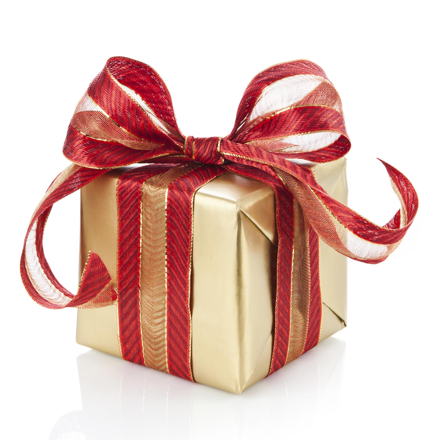 gold gift wih red ribbon
